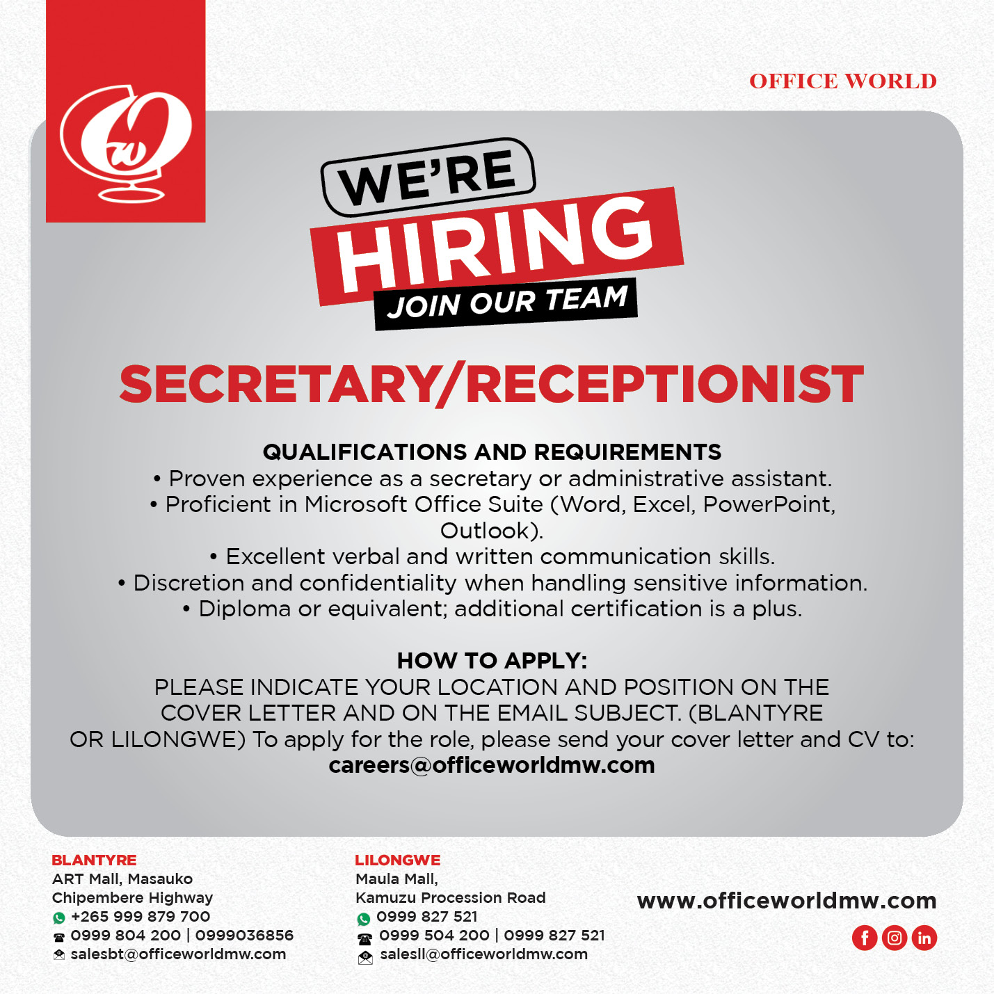 Secretary/Receptionist | Job Search Malawi